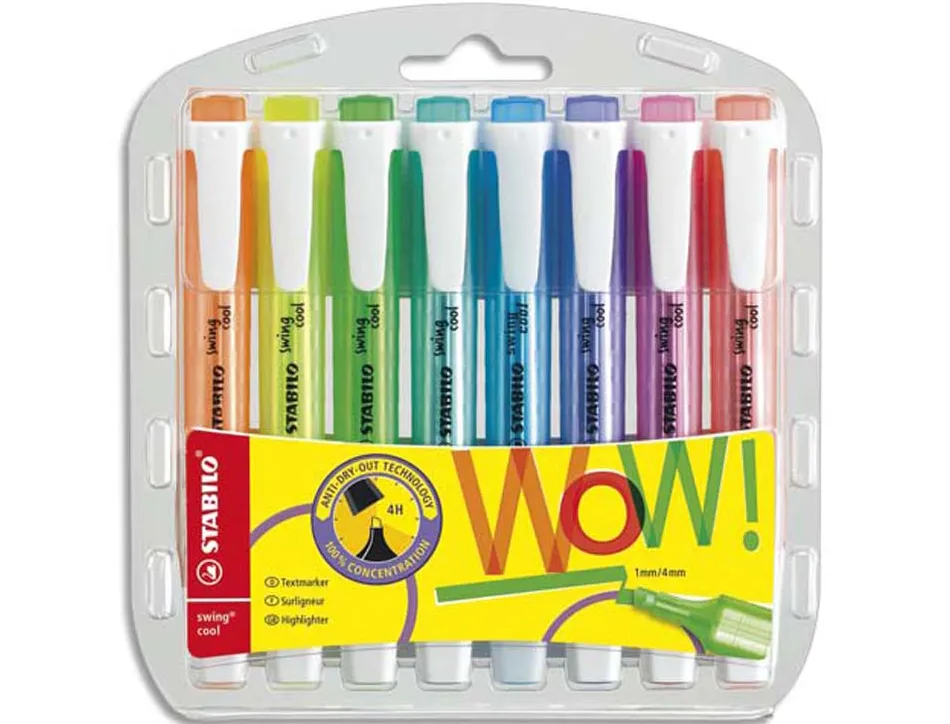 Surligneur stabilo swing cool modèle de poche avec agrafe tracé 1/3mm encre liquide pigmentée visible pochette 8 unités
