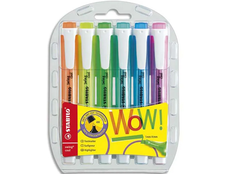 Surligneur stabilo swing cool modèle de poche avec agrafe tracé 1/3mm encre liquide pigmentée visible pochette 6 unités