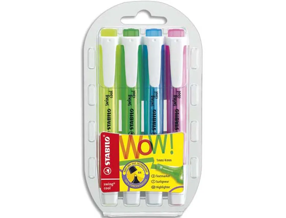 Surligneur stabilo swing cool modèle de poche avec agrafe tracé 1/3mm encre liquide pigmentée visible pochette 4 unités
