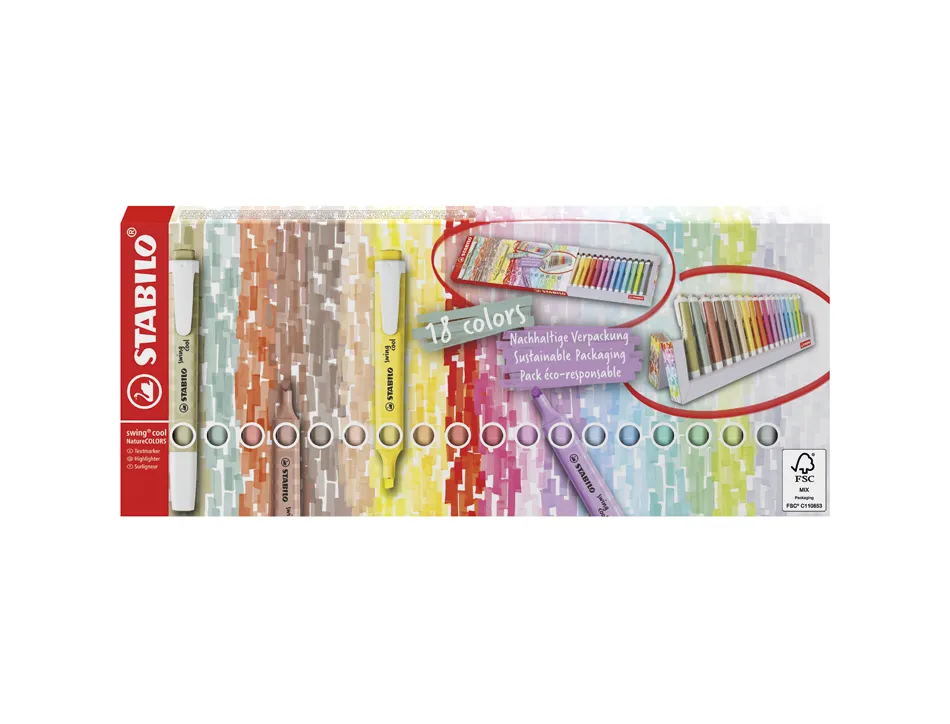 Surligneur stabilo swing cool naturecolors pointe biseautee largeur trace 1/4mm coloris assortis pack chevalet 18 uni