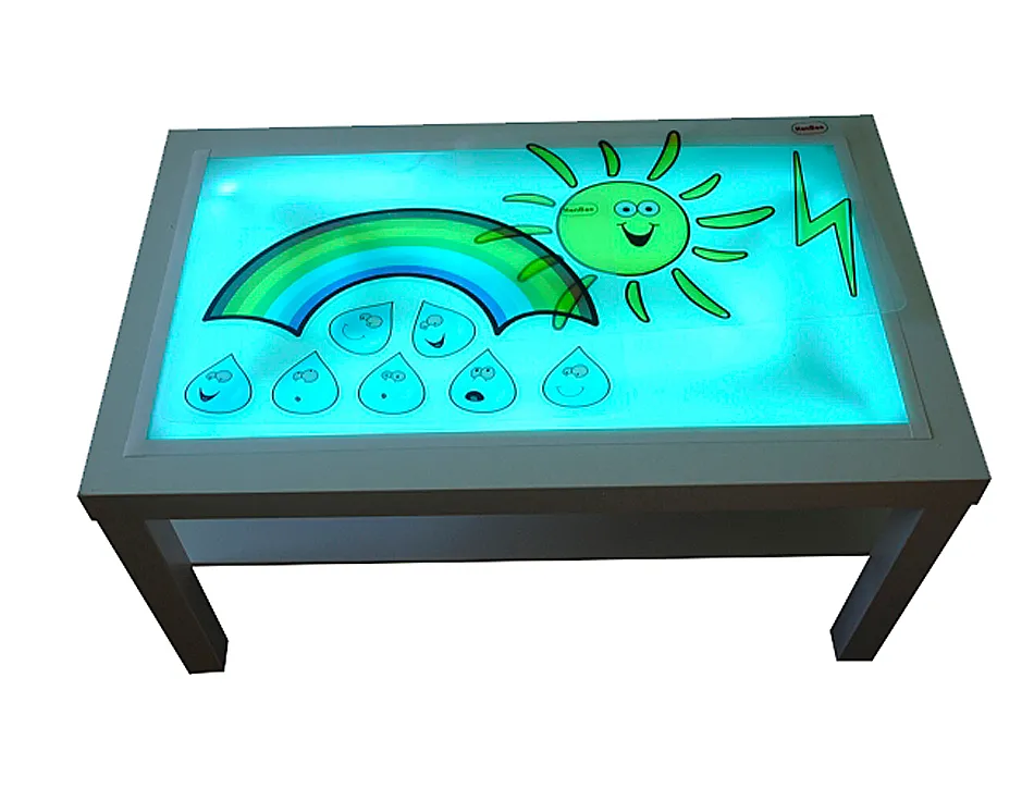 Table éclairage en bois de hêtre superficie méthacrylate blanc et lumières led 90x55x45cm