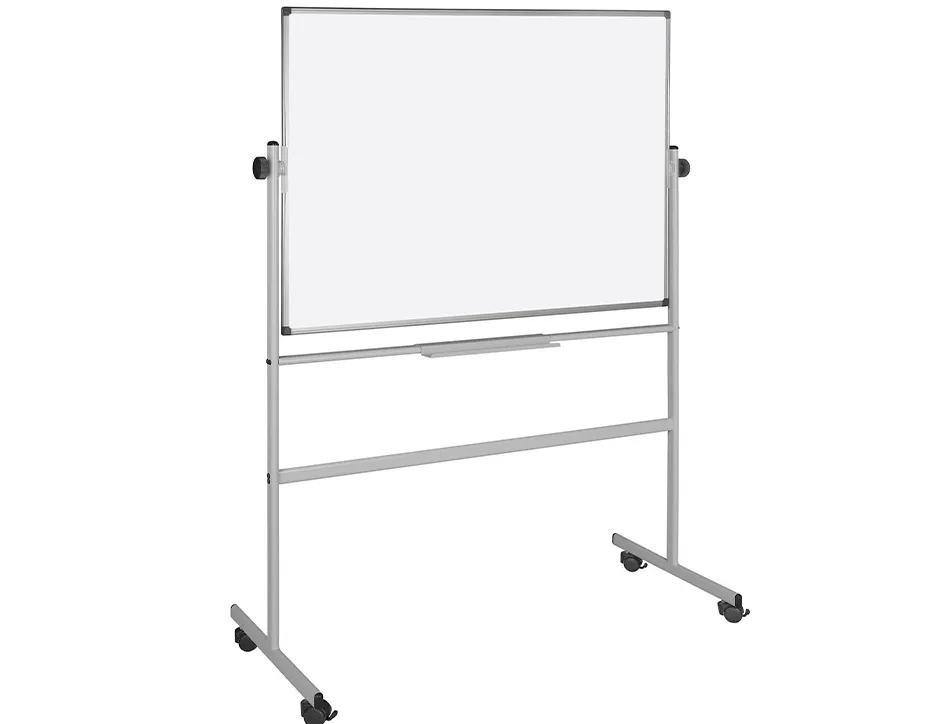 Tableau blanc q-connect à roulettes mélaminé double face pivotant cadre aluminium surface laquée ample auget 120x90cm