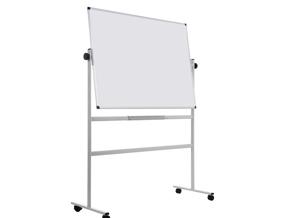 Tableau blanc q-connect à roulettes mélaminé double face pivotant cadre aluminium surface laquée ample auget 120x90cm
