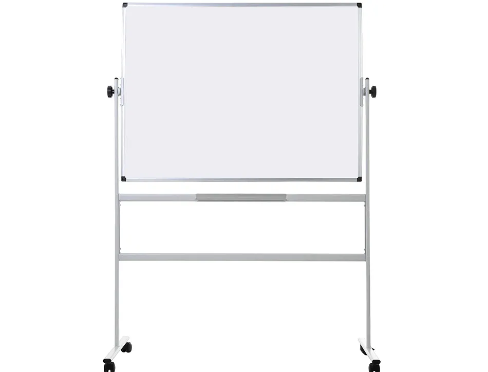 Tableau blanc q-connect à roulettes mélaminé double face pivotant cadre aluminium surface laquée ample auget 120x90cm