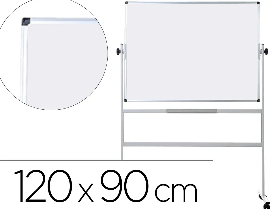 Tableau blanc q-connect à roulettes mélaminé double face pivotant cadre aluminium surface laquée ample auget 120x90cm