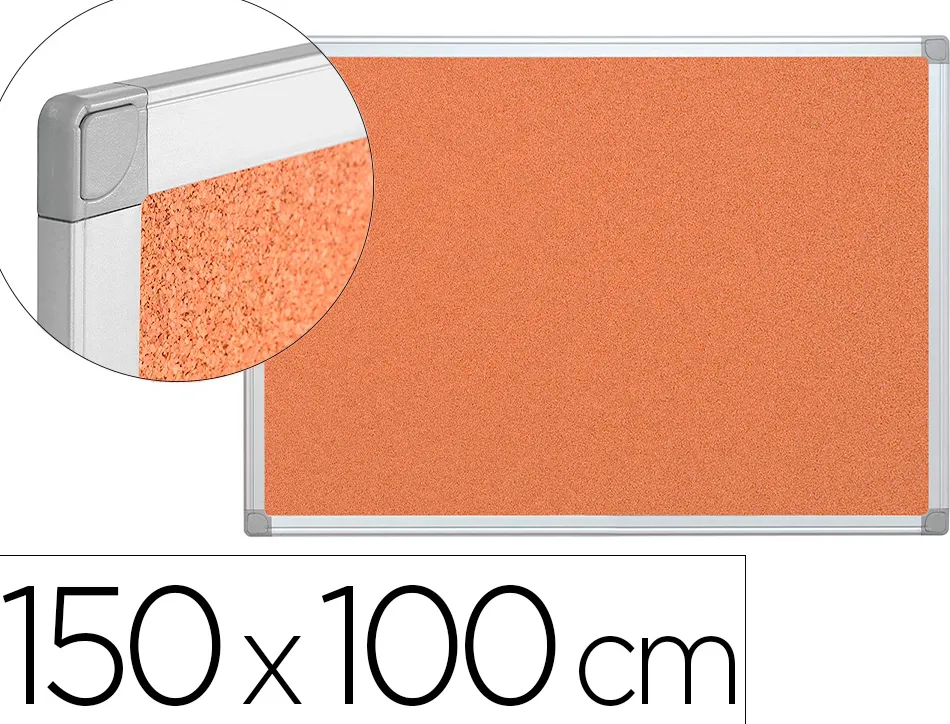 Tableau liège q-connect mural cadre aluminium argenté mat coins plastiques fixation mur épaisseur 5mm 150x100cm