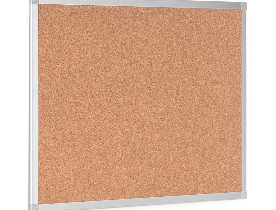 Tableau liège q-connect mural cadre aluminium argenté mat coins plastiques fixation mur épaisseur 5mm 200x100cm