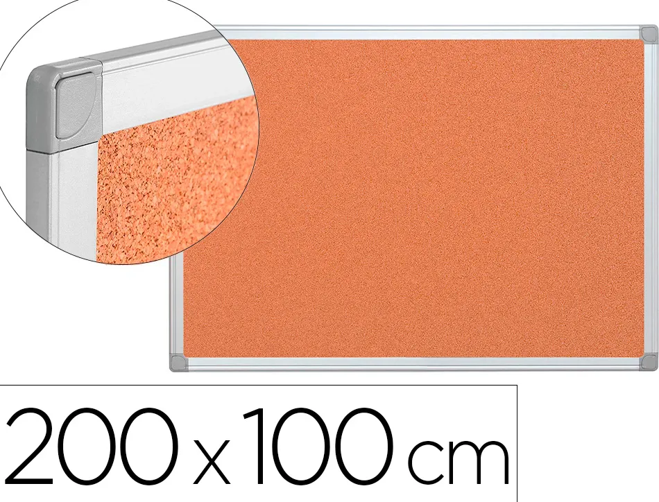 Tableau liège q-connect mural cadre aluminium argenté mat coins plastiques fixation mur épaisseur 5mm 200x100cm