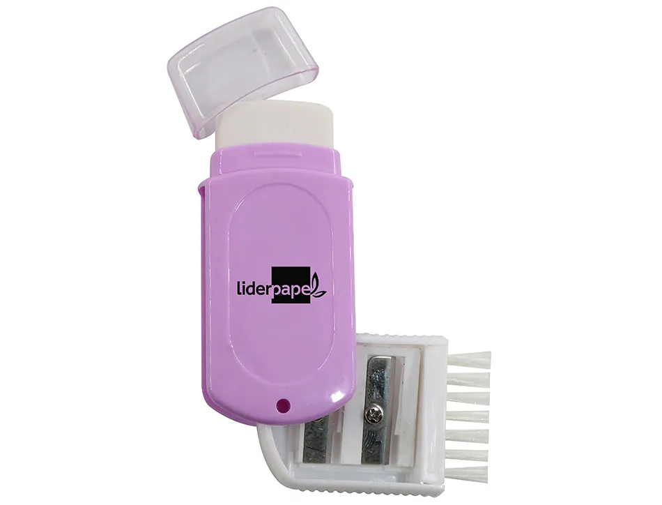 Taille-crayon liderpapel plastique 2 usages avec gomme sans pvc et brosse coloris assortis