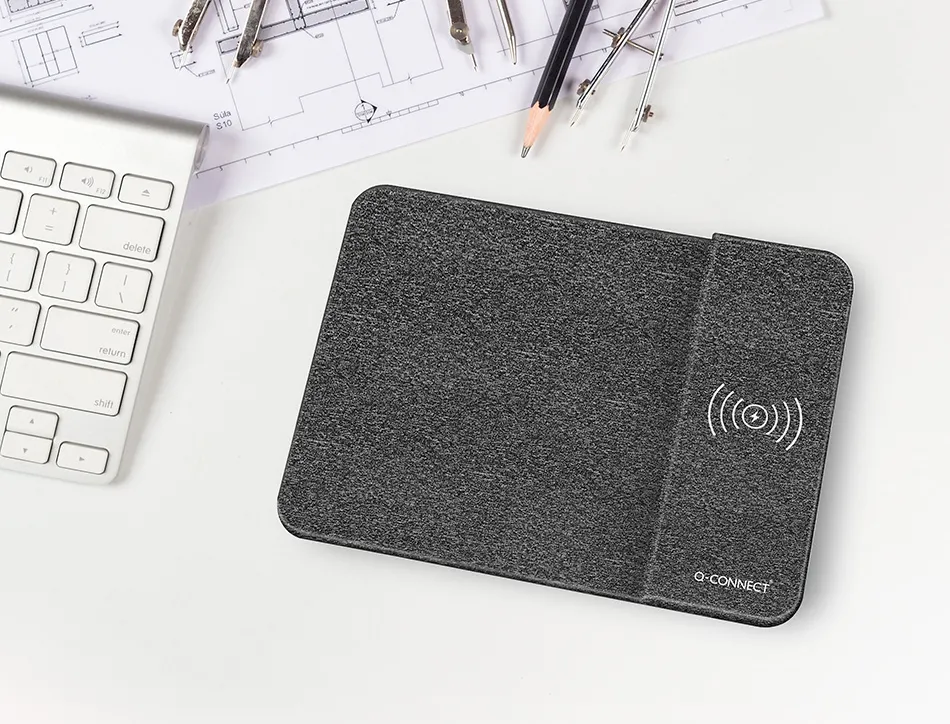 Tapis souris q-connect avec chargeur telephone sans fil 300x220mm coloris gris