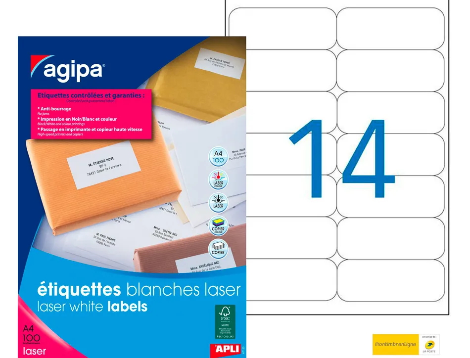 Étiquette adhésive apli agipa imprimante laser copieur 99.1x38.1mm coins arrondis boîte 1400 unités