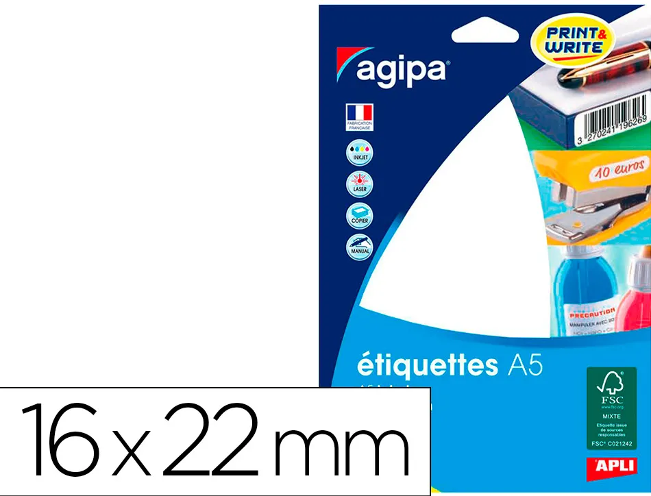 Étiquette adhésive apli agipa multi-usage 16x22mm laser jet d'encre formats paramétrés étui a5 1152 unités