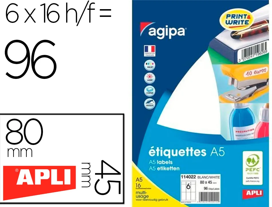 Étiquette adhésive apli agipa 80x45mm multiusage étui a5 96u