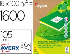 Étiquette adhésive apli agipa 105x37mm recyclée multi-usages adhésif acrylique boîte 1600 unités 100 feuilles a4