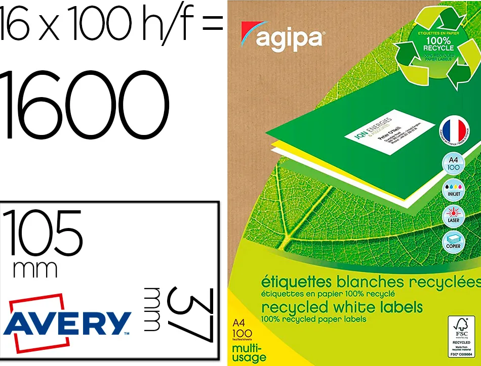 Étiquette adhésive apli agipa 105x37mm recyclée multi-usages adhésif acrylique boîte 1600 unités 100 feuilles a4