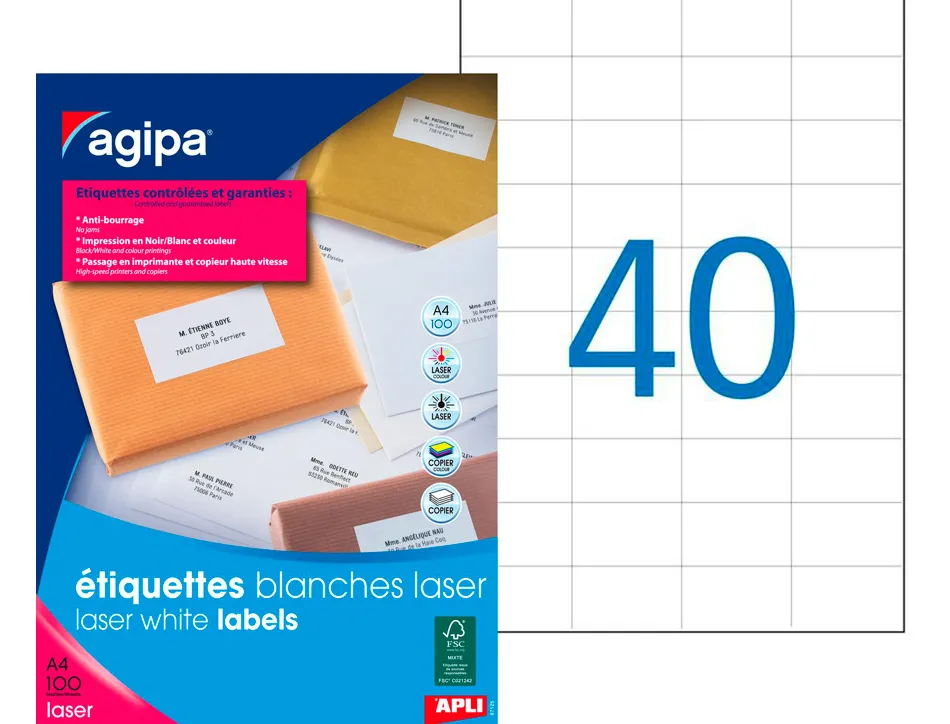Étiquette adhésive apli agipa imprimante laser copieur 52.5x29.7mm coins droits boîte 4000 unités