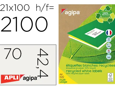 Étiquette adhésive apli agipa multi-usage 70x42.4mm recyclée acrylique boîte 2100 unités