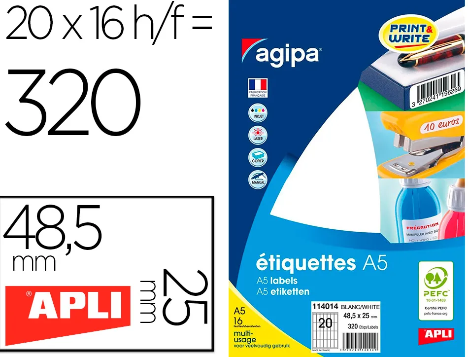 Étiquette adhésive apli agipa 48.5x25mm multiusage étui a5 320u