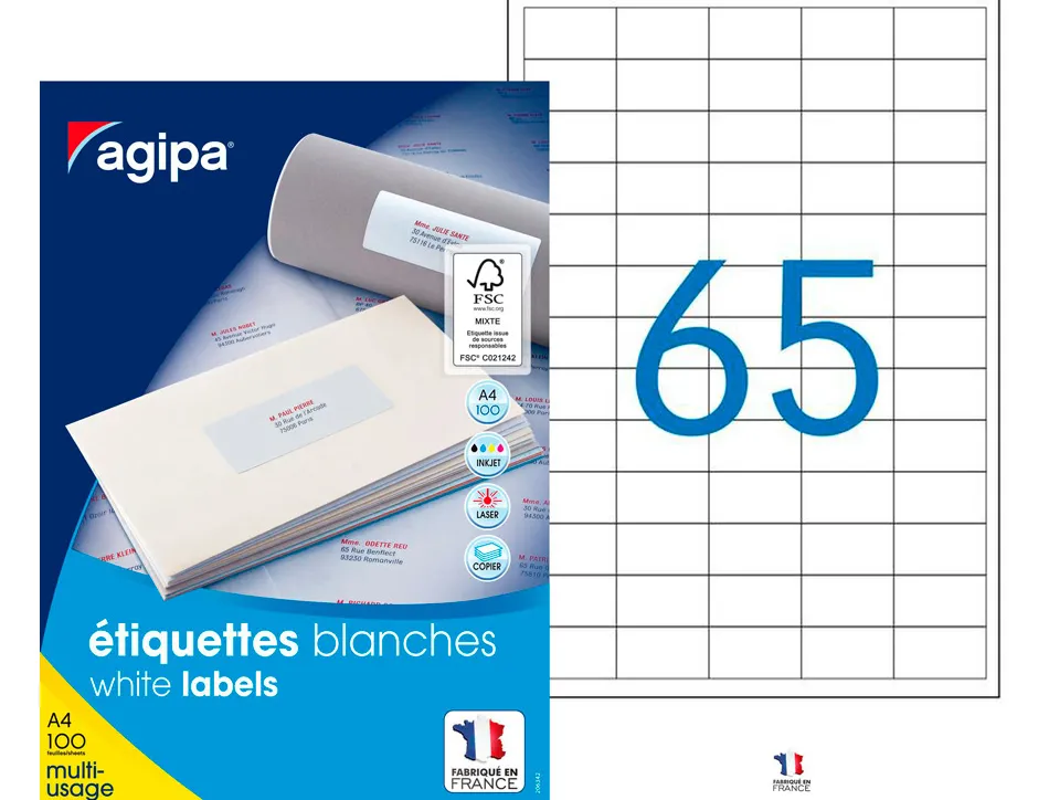 Étiquette adhésive apli agipa multi-usage 38x21.2mm toute imprimante boîte 6500 unités