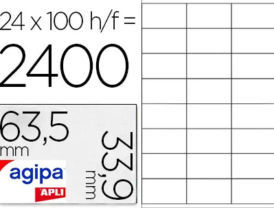 Étiquette adhésive apli agipa jet d'encre 63.5x33.9mm formats paramétrés boîte 2400 unités