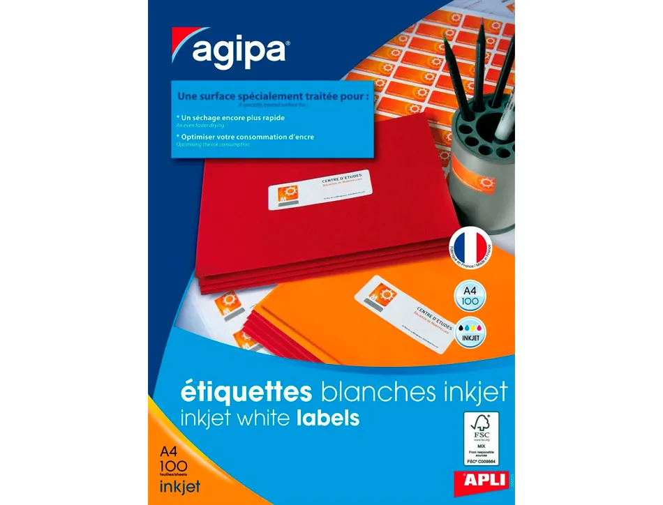 Étiquette adhésive apli agipa jet d'encre 63.5x33.9mm formats paramétrés boîte 2400 unités