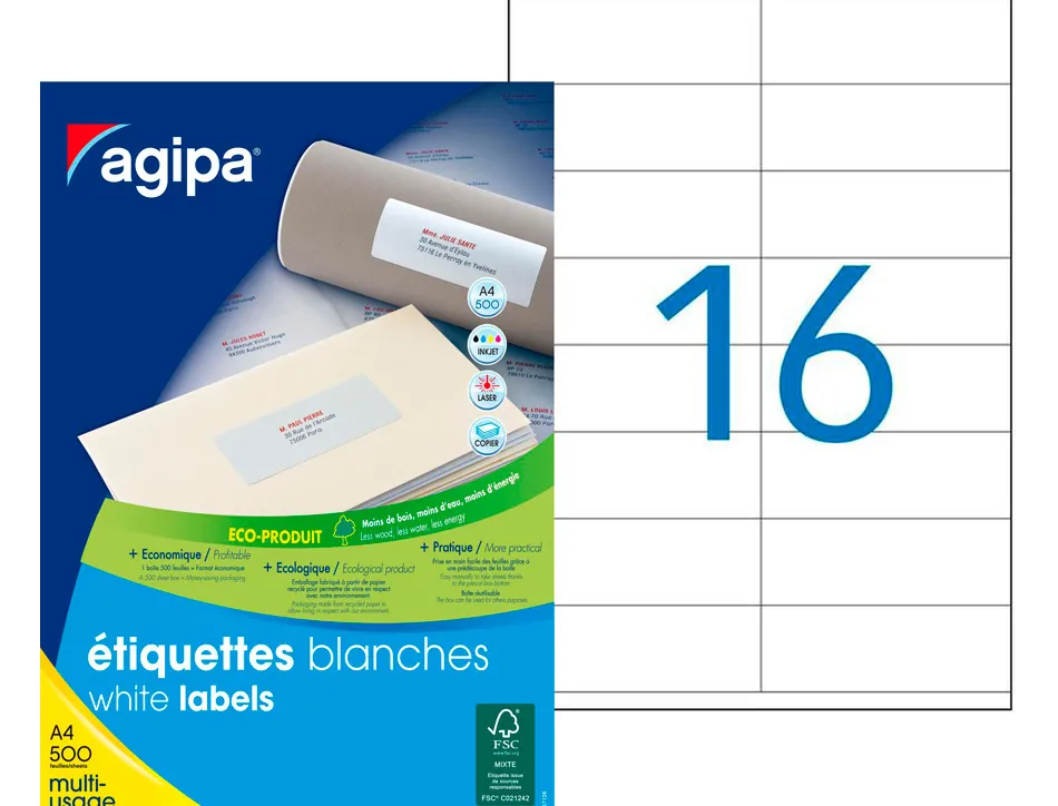 Étiquette adhésive apli agipa multi-usage 105x35mm coins droits boîte 8000 unités 500 feuilles