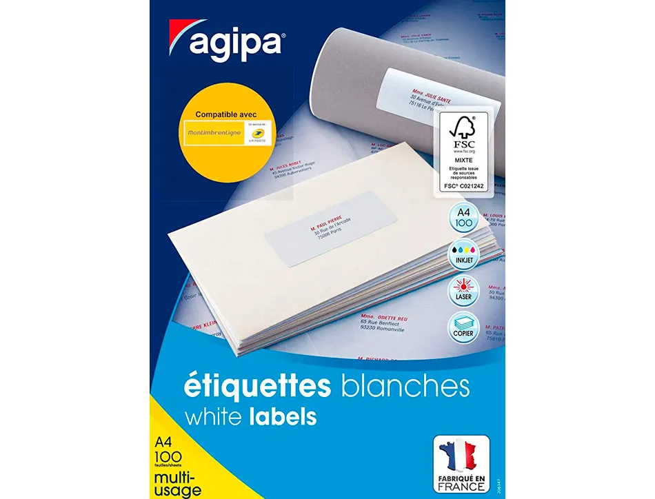 Étiquette adhésive apli agipa multi-usage 63.5x46.6mm toute imprimante coins arrondis boîte 1800 unités