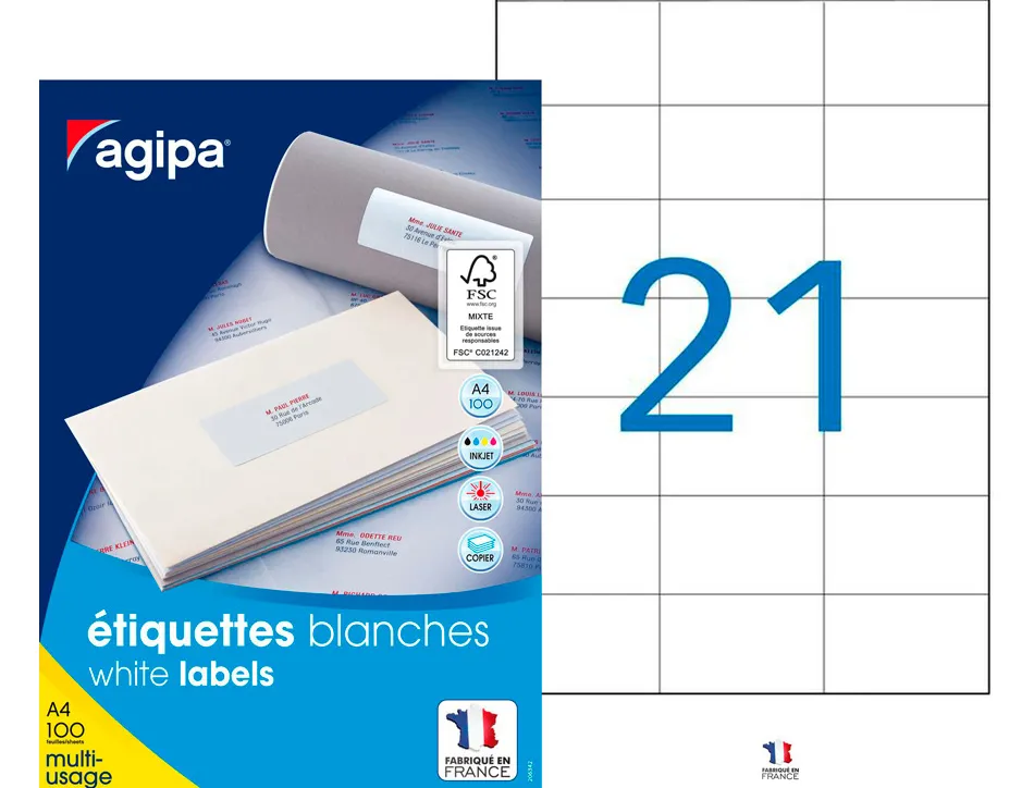 Étiquette adhésive apli agipa multi-usage 70x42mm toute imprimante boîte 2100 unités