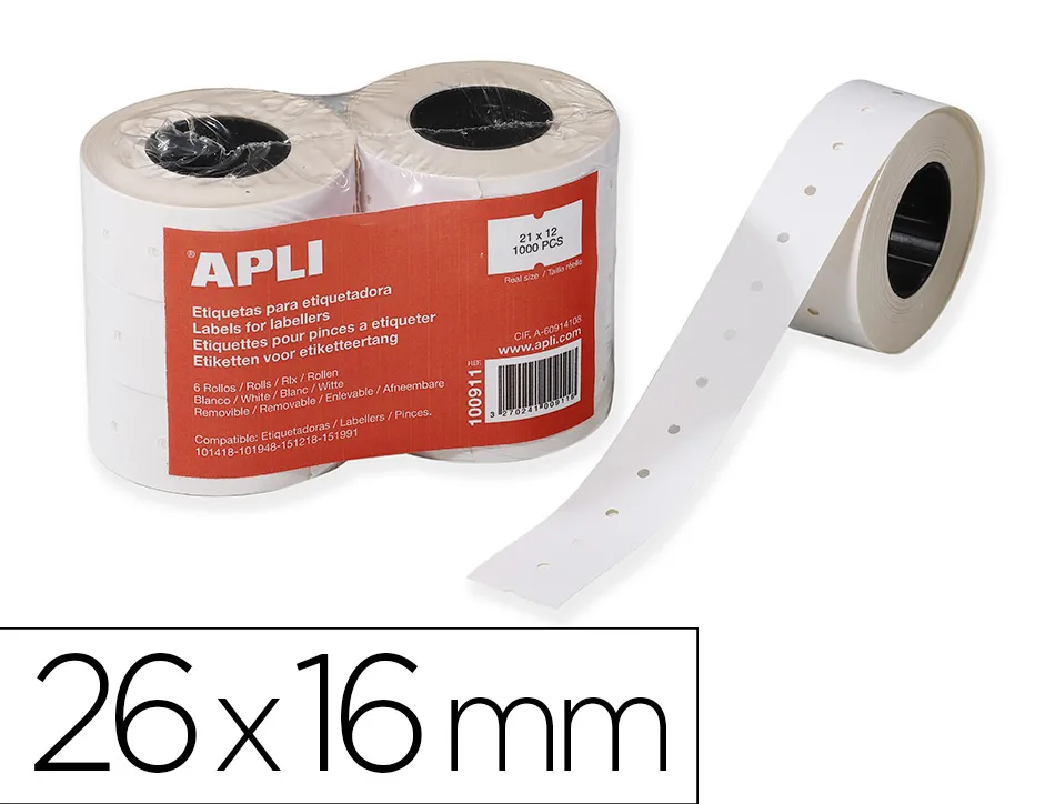 Étiquette adhésive apli agipa pour pince enlevable format 26x16mm coloris blanc rouleau 1000 unités lot de 6