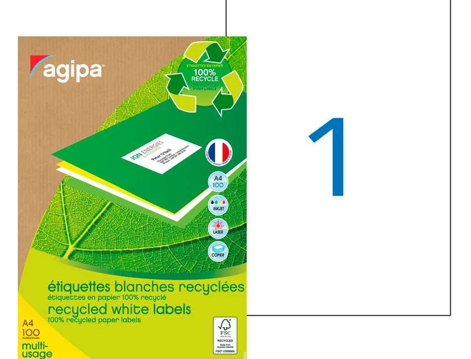 Étiquette adhésive apli agipa multi-usage recyclée permanente coins droits 210x297mm boîte 100 unités