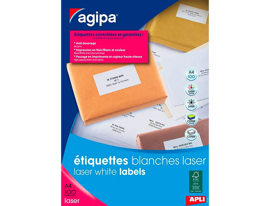 Étiquette adhésive apli agipa imprimante laser copieur 105x35mm boîte 1600 unités