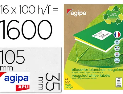 Étiquette adhésive apli agipa multi-usage 105x35mm recyclée acrylique boîte 1600 unités