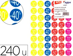 Étiquette adhésive apli pré-imprimée remise -30% -40% -50% -70% permanente coloris assortis 240 pastilles