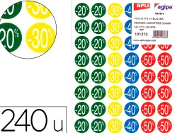 Étiquette adhésive apli pré-imprimée remise -20% -30% -40% -50% permanente coloris assortis 240 pastilles