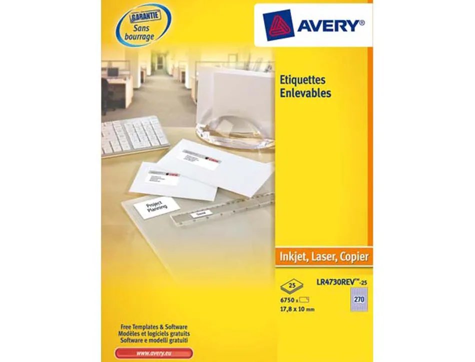 Étiquette adhésive avery enlevable laser jet d'encre 99.1x42.3mm écologique boîte 300 unités