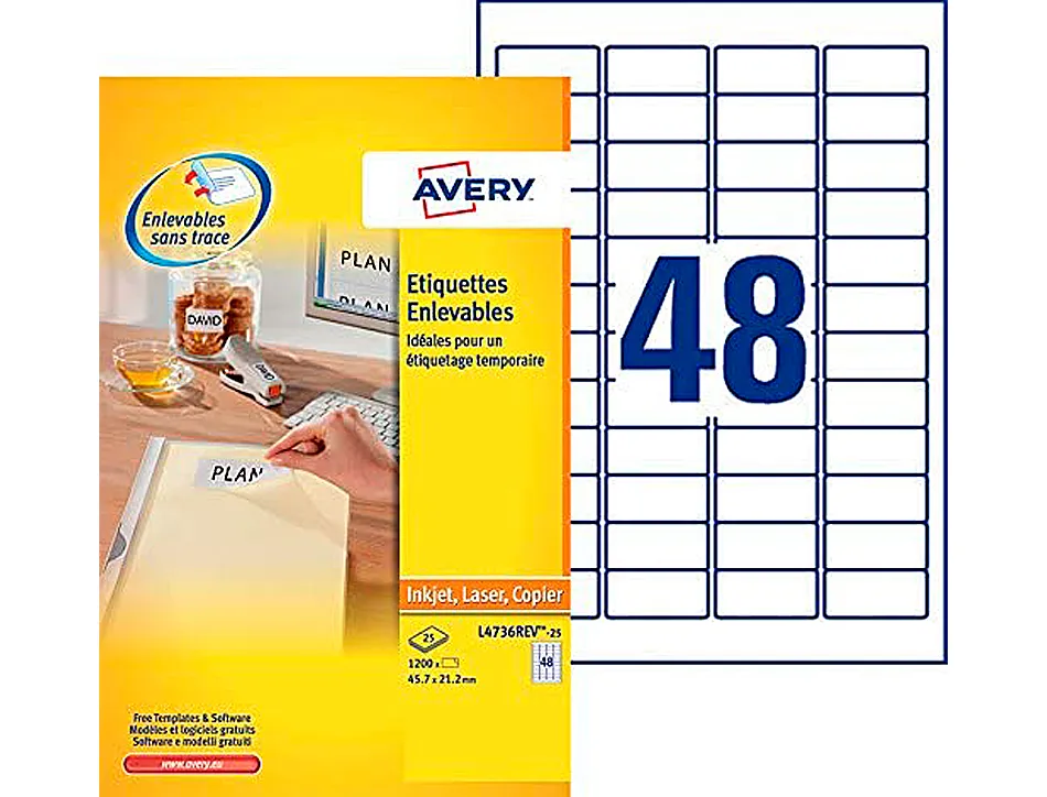 Étiquette adhésive avery enlevable laser jet d'encre 45.7x21.2mm écologique boîte 1200 unités