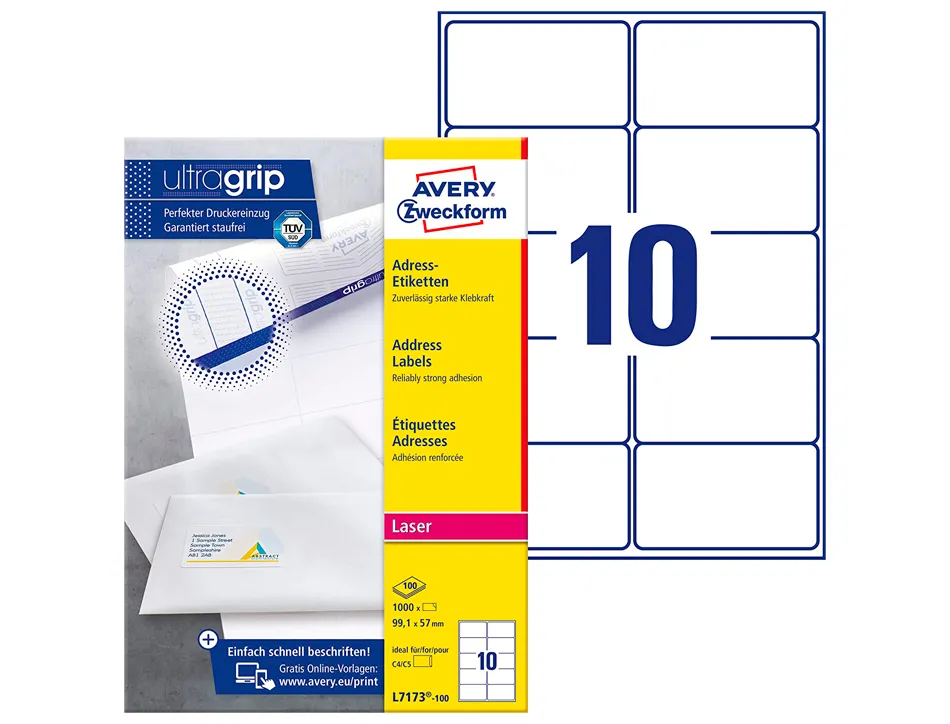 Étiquette adhésive avery laser écologique enveloppes grand format 99.1x57mm boîte 1000 unités