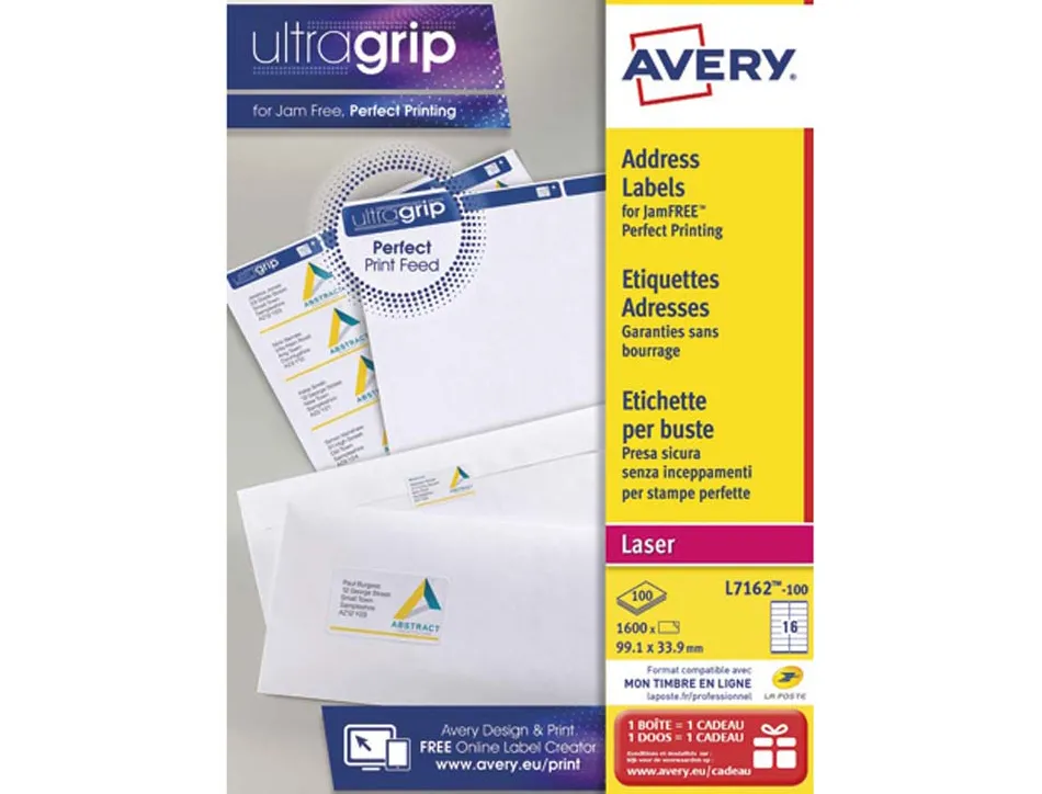 Étiquette adhésive avery laser écologique enveloppes classiques 99.1x33.9mm boîte 1600 unités