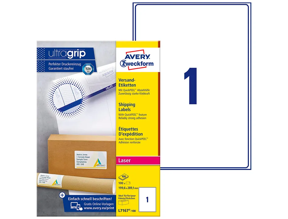 Étiquette adhésive avery laser opaque très blanche 199.6x289.1mm boîte 100 unités