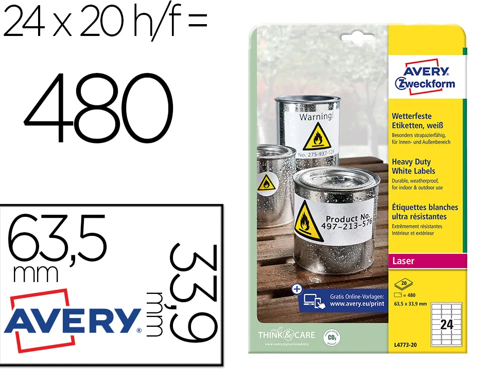 Étiquette adhésive avery ultra-résistante impression laser 63.5x33.9mm pochette 480 unités