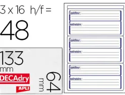 Étiquette adhésive courrier apli agipa expéditeur-destinataire 64x133mm étui format a5 48 unités