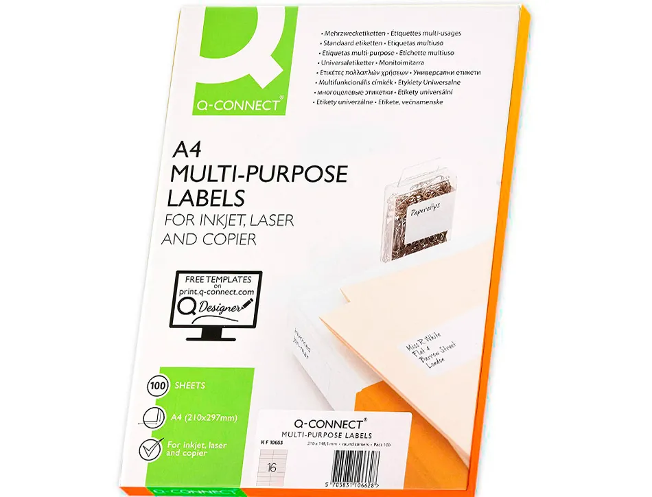 Étiquette adhésive q-connect 105x35mm coins droits imprimante jet d'encre laser copieur boîte 100 feuilles 1600 unités