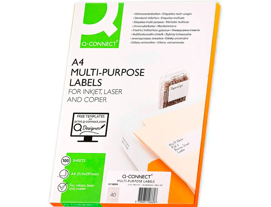 Étiquette adhésive q-connect 52.5x29.7mm coins droits imprimante jet encre laser copieur boîte 100 feuilles 4000 unités