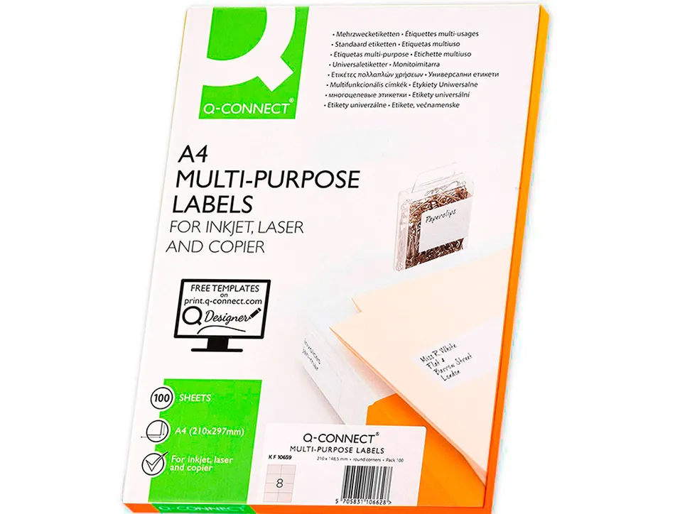 Étiquette adhésive q-connect 105x74mm coins droits imprimante jet d'encre laser copieur 8 étiquettes/feuille 800 unités
