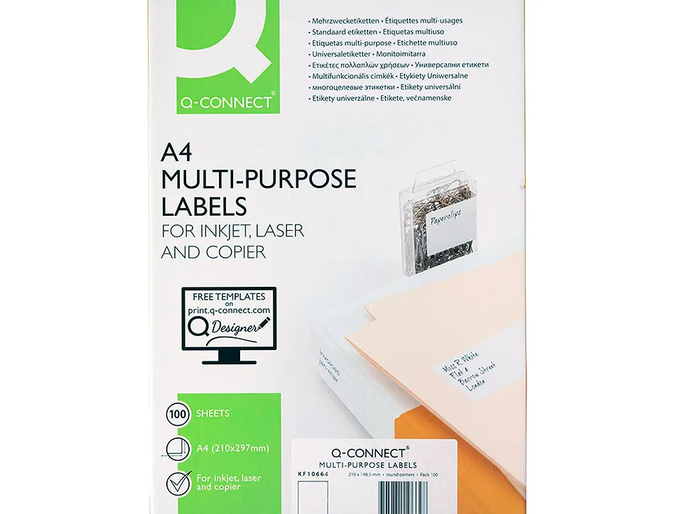 Étiquette adhésive q-connect 210x297mm coins arrondis imprimante jet d'encre laser copieur boîte 100 feuilles 100 unités