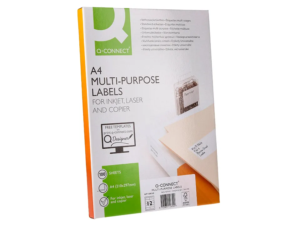 Étiquette adhésive q-connect 96.5x42.3mm coins droits imprimante jet encre laser copieur boîte 100 feuilles 1200 unités
