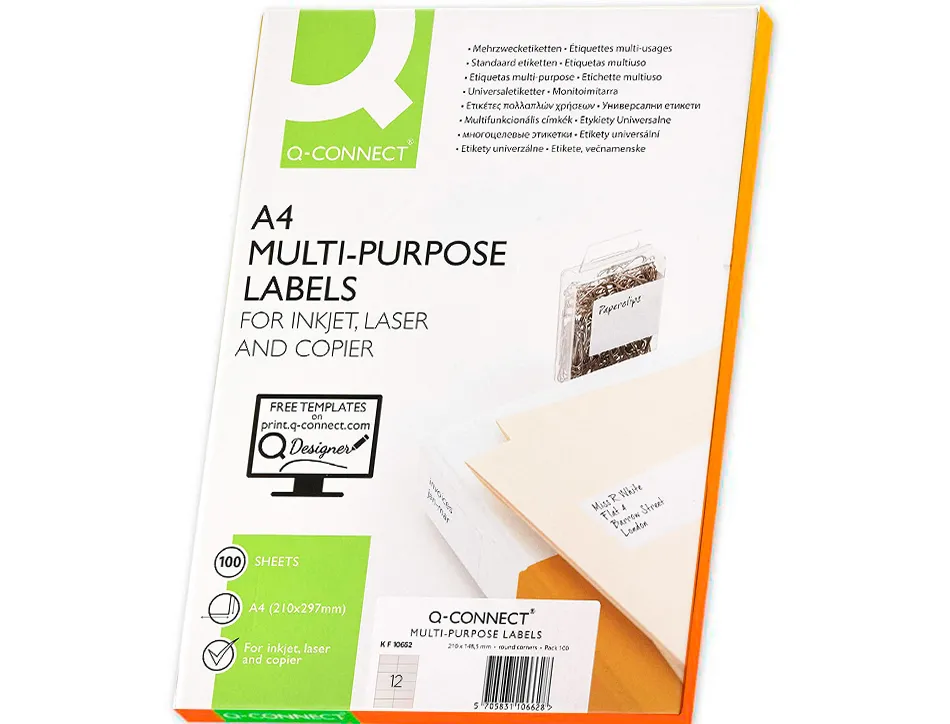 Étiquette adhésive q-connect 105x48mm coins droits imprimante jet d'encre laser copieur boîte 100 feuilles 1200 unités