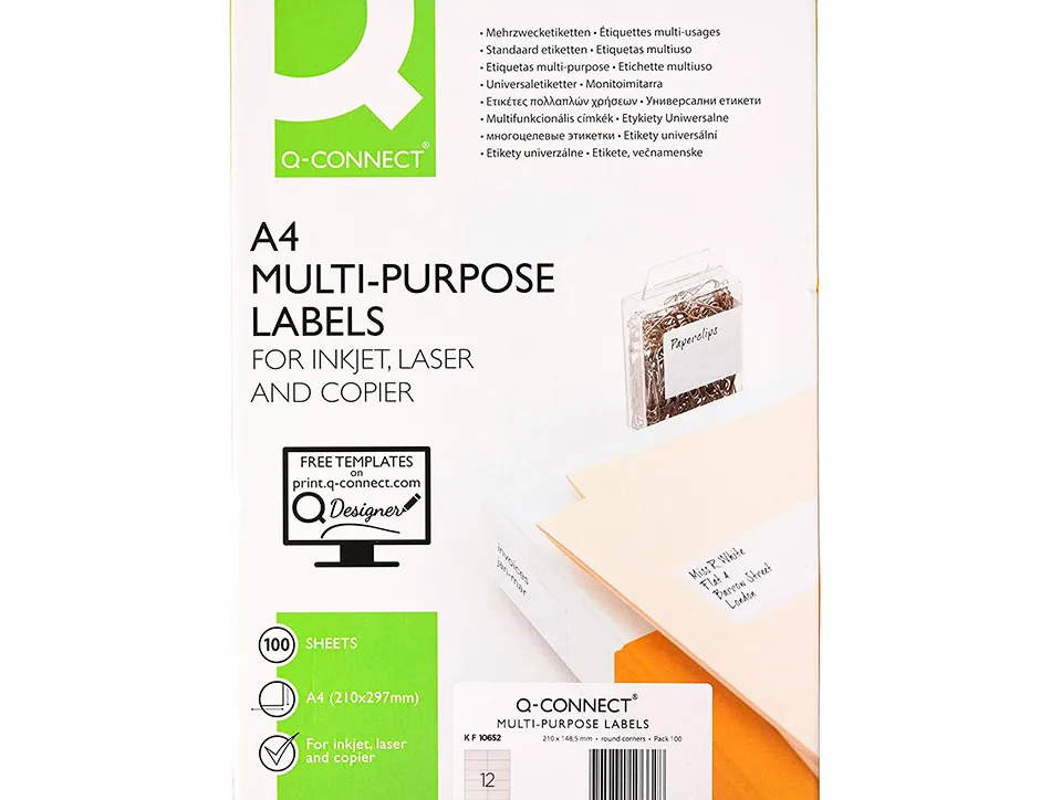 Étiquette adhésive q-connect 105x48mm coins droits imprimante jet d'encre laser copieur boîte 100 feuilles 1200 unités
