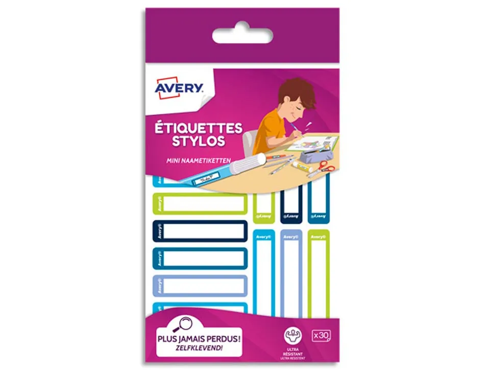 Étiquette stylos avery ultra résistante pour identifier matériel scolaire coloris bleu sachet 30 unités