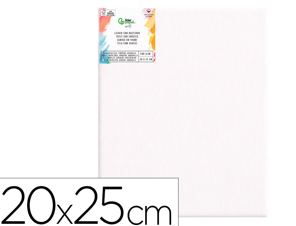 Toile sur chassis liderpapel 3p agrafee au dos 100% coton bords en bois 20x25 cm 280g/m2 certifie
